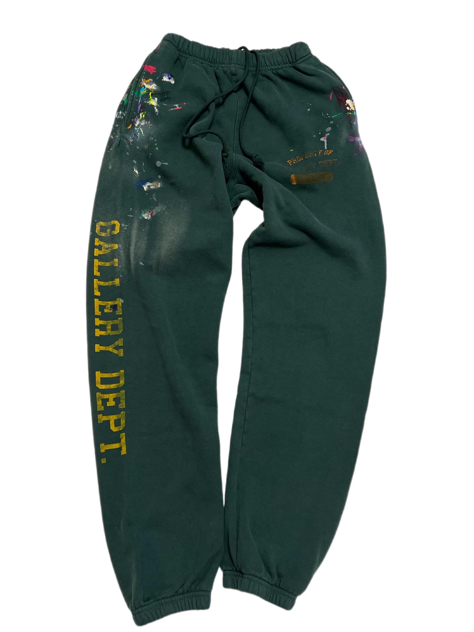 GALLERY DEPT. GD PROPERTY OF SWEATPANTS splashed ink, washed and distressed sweatpants, dark green S-XL, heavy wash and distressed, handmade acrylic splashed ink graffiti, perfect top restoration